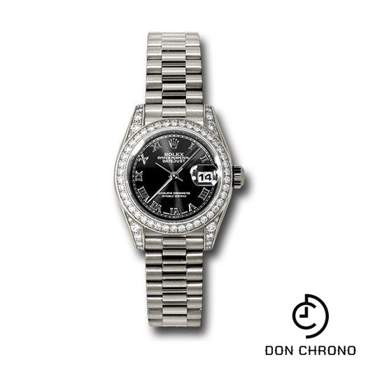 Rolex White Gold Lady-Datejust 26 Watch - 42 Diamond Bezel - Black Roman Dial - President Bracelet - 179159 bkrp