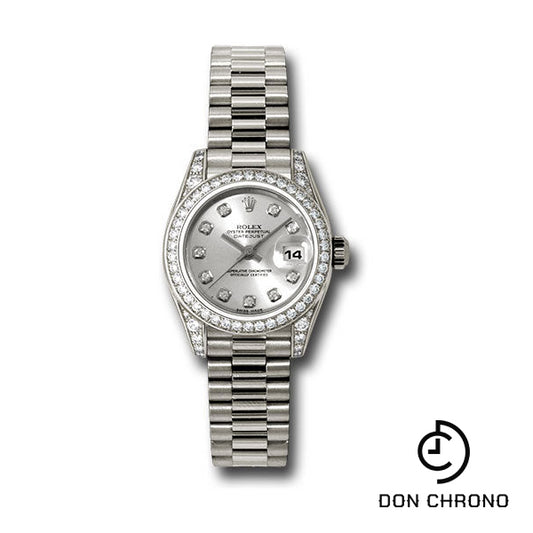 Rolex White Gold Lady-Datejust 26 Watch - 42 Diamond Bezel - Silver Diamond Dial - President Bracelet - 179159 sdp