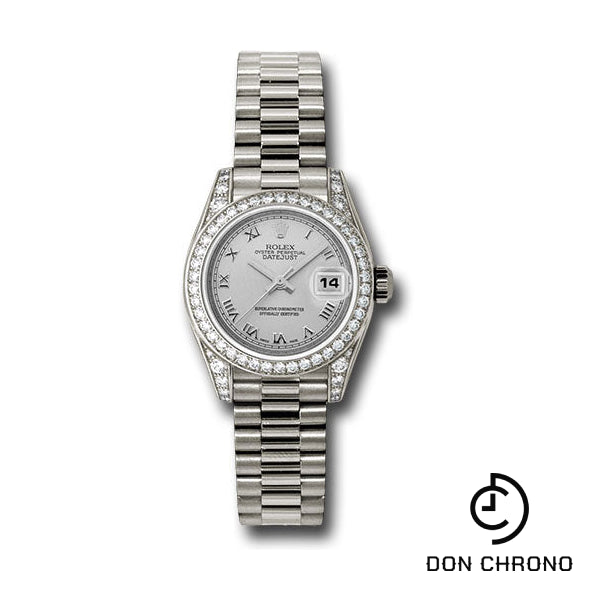 Rolex White Gold Lady-Datejust 26 Watch - 42 Diamond Bezel - Silver Roman Dial - President Bracelet - 179159 srp