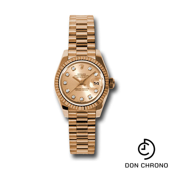 Rolex Pink Gold Lady-Datejust 26 Watch - Fluted Bezel - Pink Champagne Diamond Dial - President Bracelet - 179175 chdp