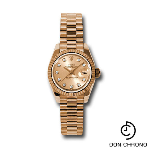 Rolex Pink Gold Lady-Datejust 26 Watch - Fluted Bezel - Pink Champagne Diamond Dial - President Bracelet - 179175 chdp