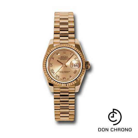 Rolex Pink Gold Lady-Datejust 26 Watch - Fluted Bezel - Champagne Roman Dial - President Bracelet - 179175 chrp