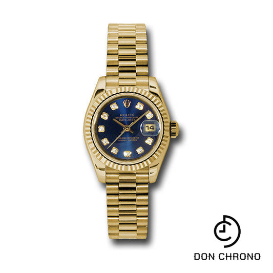 Rolex Yellow Gold Lady-Datejust 26 Watch - Fluted Bezel - Blue Diamond Dial - President Bracelet - 179178 bldp