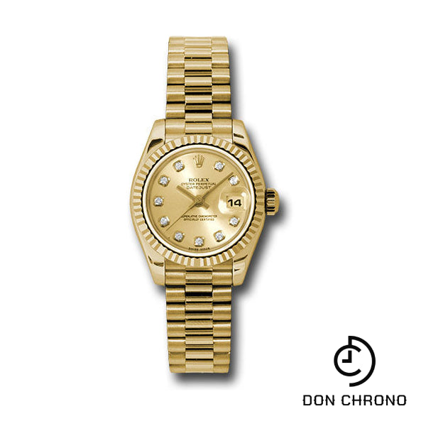 Rolex Yellow Gold Lady-Datejust 26 Watch - Fluted Bezel - Champagne Diamond Dial - President Bracelet - 179178 chdp