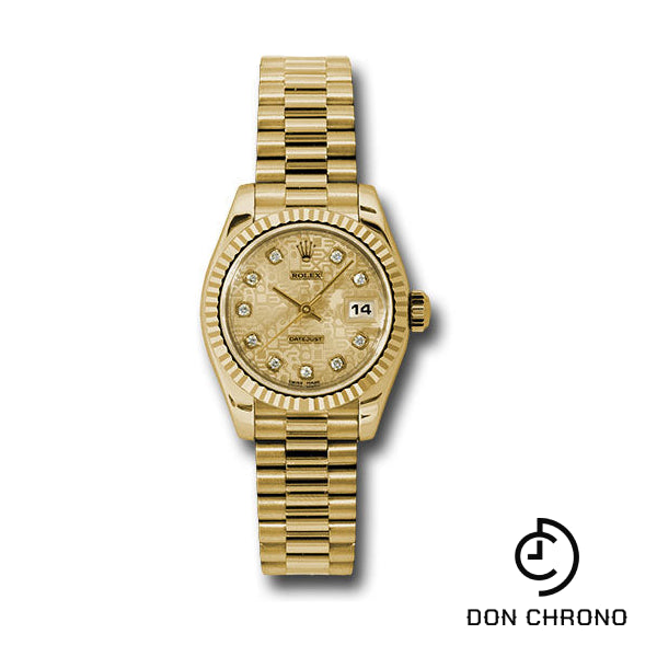 Rolex Yellow Gold Lady-Datejust 26 Watch - Fluted Bezel - Champagne Jubilee Diamond Dial - President Bracelet - 179178 chjdp