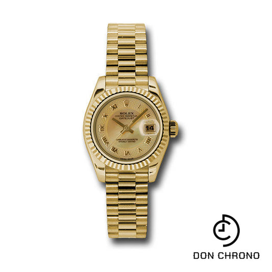 Rolex Yellow Gold Lady-Datejust 26 Watch - Fluted Bezel - Champagne Decorated Mother-Of-Pearl Roman Dial - President Bracelet - 179178 chmdrp