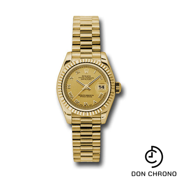 Rolex Yellow Gold Lady-Datejust 26 Watch - Fluted Bezel - Champagne Roman Dial - President Bracelet - 179178 chrp