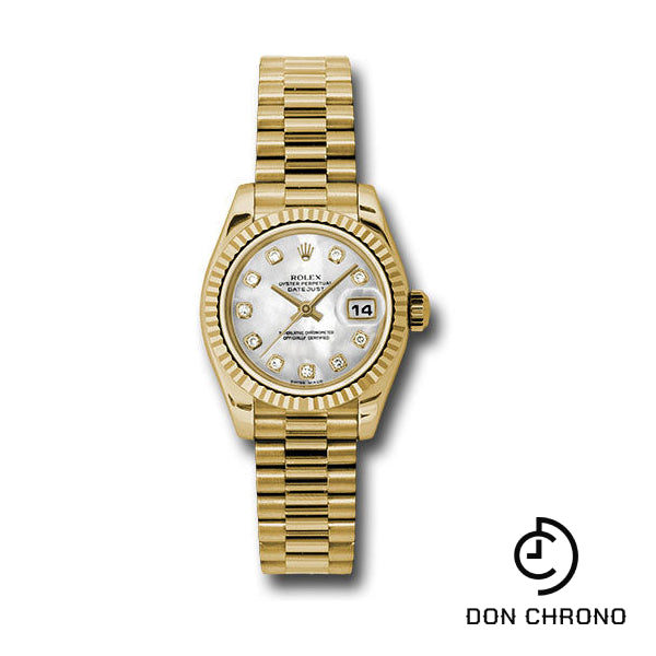 Rolex Yellow Gold Lady-Datejust 26 Watch - Fluted Bezel - Mother-Of-Pearl Diamond Dial - President Bracelet - 179178 mdp