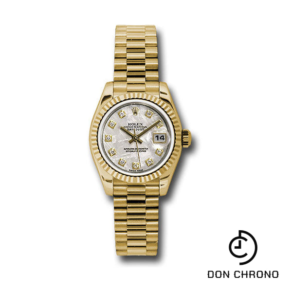 Rolex Yellow Gold Lady-Datejust 26 Watch - Fluted Bezel - Meteorite Diamond Dial - President Bracelet - 179178 mtdp