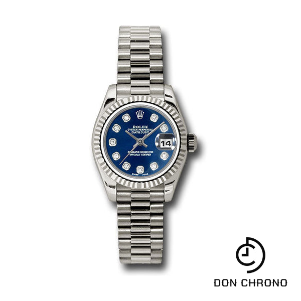 Rolex White Gold Lady-Datejust 26 Watch - Fluted Bezel - Blue Diamond Dial - President Bracelet - 179179 bdp