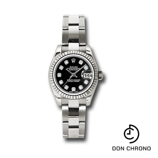 Rolex White Gold Lady-Datejust 26 Watch - Fluted Bezel - Black Diamond Dial - Oyster Bracelet - 179179 bkdo