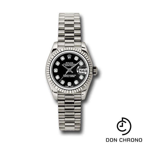 Rolex White Gold Lady-Datejust 26 Watch - Fluted Bezel - Black Diamond Dial - President Bracelet - 179179 bkdp