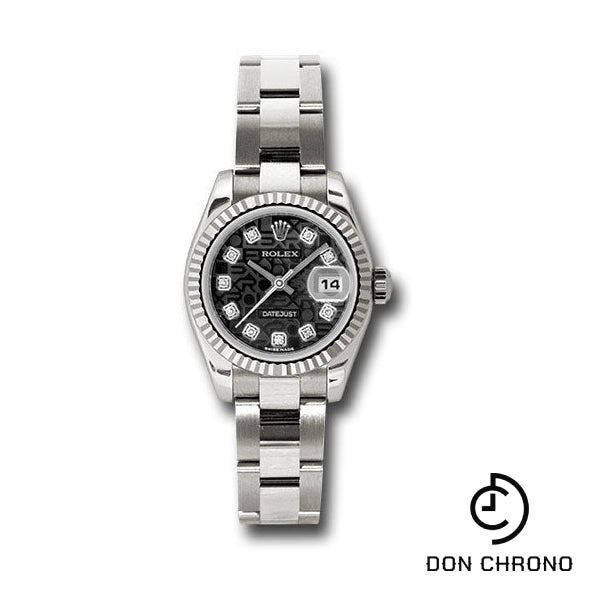 Rolex White Gold Lady-Datejust 26 Watch - Fluted Bezel - Black Jubilee Diamond Dial - Oyster Bracelet - 179179 bkjdo