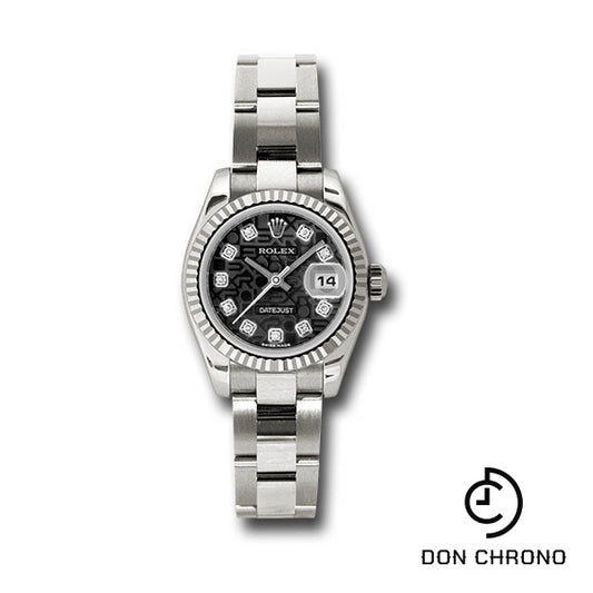 Rolex White Gold Lady-Datejust 26 Watch - Fluted Bezel - Black Jubilee Diamond Dial - Oyster Bracelet - 179179 bkjdo