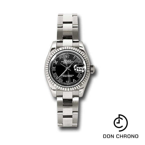 Rolex White Gold Lady-Datejust 26 Watch - Fluted Bezel - Black Roman Dial - Oyster Bracelet - 179179 bkro