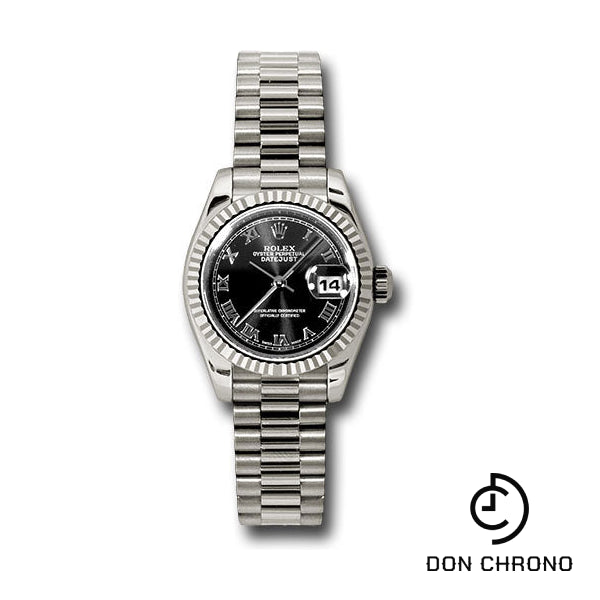 Rolex White Gold Lady-Datejust 26 Watch - Fluted Bezel - Black Roman Dial - President Bracelet - 179179 bkrp