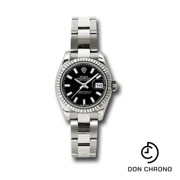 Rolex White Gold Lady-Datejust 26 Watch - Fluted Bezel - Black Index Dial - Oyster Bracelet - 179179 bkso