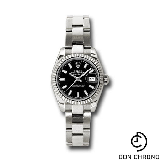 Rolex White Gold Lady-Datejust 26 Watch - Fluted Bezel - Black Index Dial - Oyster Bracelet - 179179 bkso