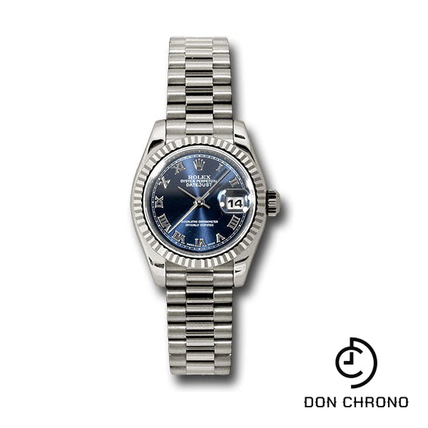 Rolex White Gold Lady-Datejust 26 Watch - Fluted Bezel - Blue Roman Dial - President Bracelet - 179179 brp