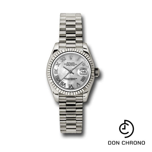 Rolex White Gold Lady-Datejust 26 Watch - Fluted Bezel - Mother-Of-Pearl Roman Dial - President Bracelet - 179179 mrp