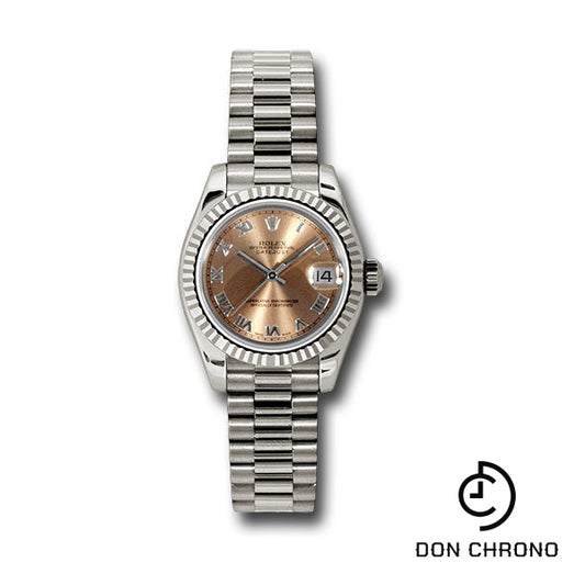 Rolex White Gold Lady-Datejust 26 Watch - Fluted Bezel - Pink Roman Dial - President Bracelet - 179179 prp