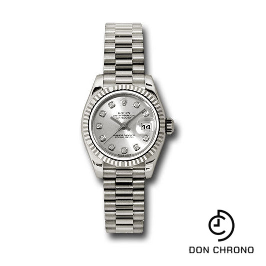 Rolex White Gold Lady-Datejust 26 Watch - Fluted Bezel - Silver Diamond Dial - President Bracelet - 179179 sdp