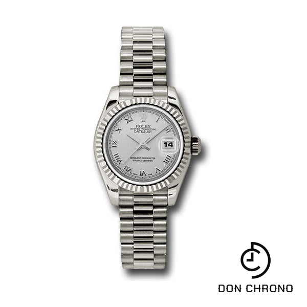 Rolex White Gold Lady-Datejust 26 Watch - Fluted Bezel - Silver Roman Dial - President Bracelet - 179179 srp