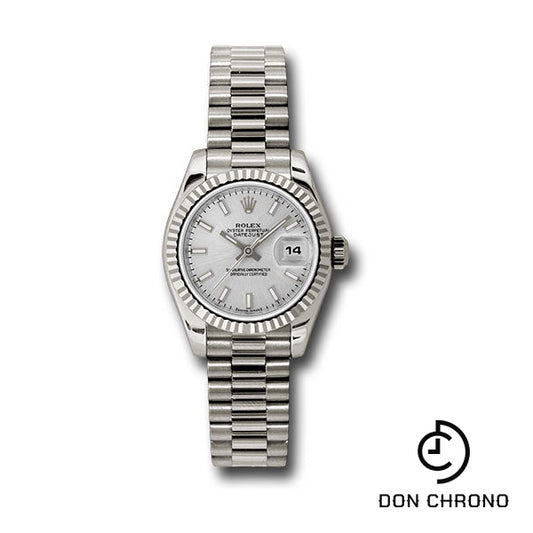 Rolex White Gold Lady-Datejust 26 Watch - Fluted Bezel - Silver Index Dial - President Bracelet - 179179 ssp