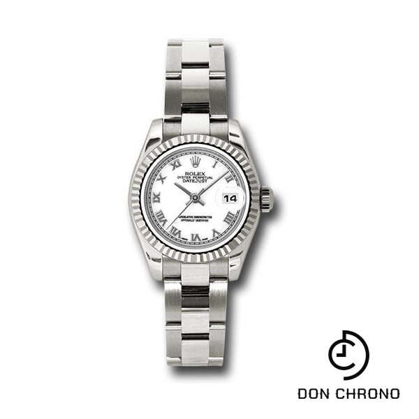 Rolex White Gold Lady-Datejust 26 Watch - Fluted Bezel - White Roman Dial - Oyster Bracelet - 179179 wro