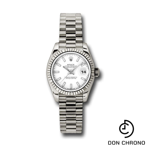 Rolex White Gold Lady-Datejust 26 Watch - Fluted Bezel - White Index Dial - President Bracelet - 179179 wsp