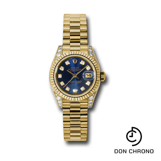 Rolex Yellow Gold Lady-Datejust 26 Watch - Fluted Bezel - Blue Diamond Dial - President Bracelet - 179238 bldp