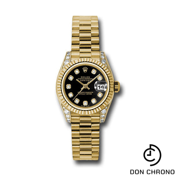 Rolex Yellow Gold Lady-Datejust 26 Watch - Fluted Bezel - Black Diamond Dial - President Bracelet - 179238 bkdp