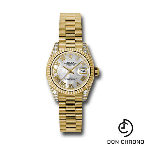 Rolex Yellow Gold Lady-Datejust 26 Watch - Fluted Bezel - Mother-Of-Pearl Roman Dial - President Bracelet - 179238 mrp