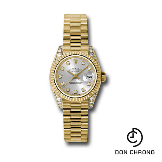 Rolex Yellow Gold Lady-Datejust 26 Watch - Fluted Bezel - Silver Diamond Dial - President Bracelet - 179238 sdp