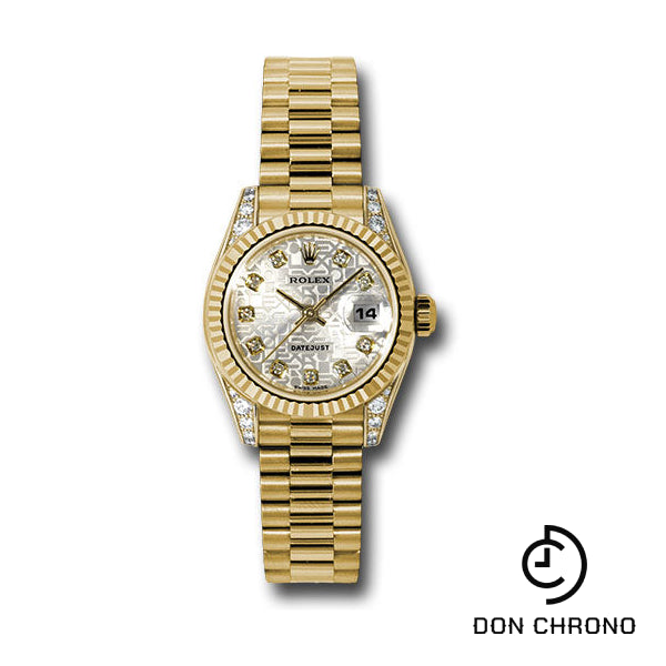 Rolex Yellow Gold Lady-Datejust 26 Watch - Fluted Bezel - Silver Jubilee Diamond Dial - President Bracelet - 179238 sjdp