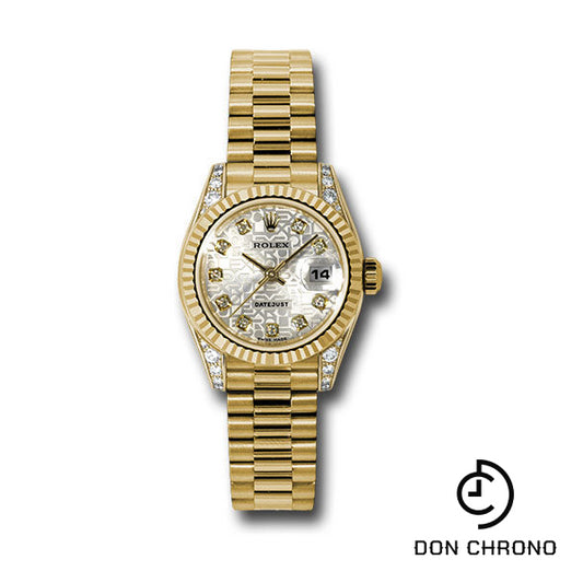 Rolex Yellow Gold Lady-Datejust 26 Watch - Fluted Bezel - Silver Jubilee Diamond Dial - President Bracelet - 179238 sjdp