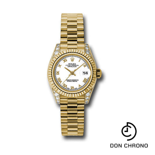 Rolex Yellow Gold Lady-Datejust 26 Watch - Fluted Bezel - White Roman Dial - President Bracelet - 179238 wrp