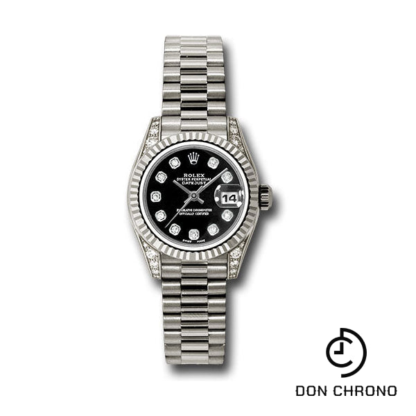 Rolex White Gold Lady-Datejust 26 Watch - Fluted Bezel - Black Diamond Dial - President Bracelet - 179239 bkdp