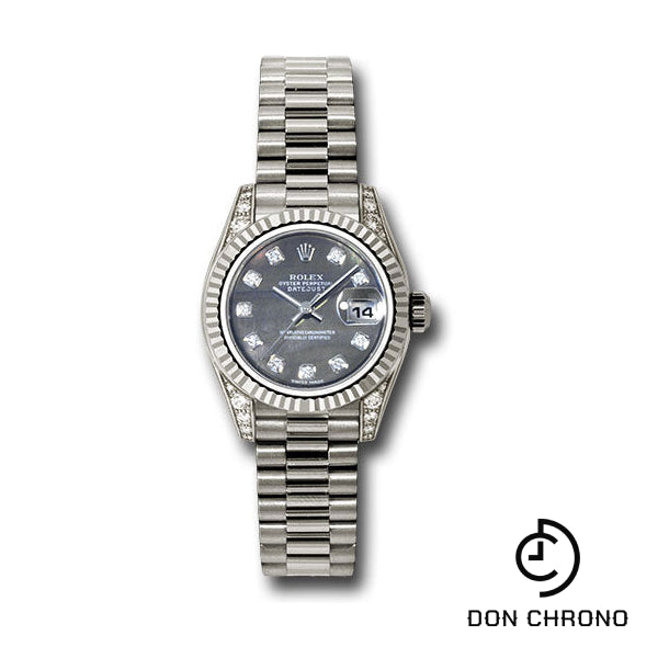 Rolex White Gold Lady-Datejust 26 Watch - Fluted Bezel - Dark Mother-Of-Pearl Diamond Dial - President Bracelet - 179239 dkmdp