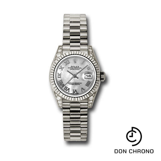 Rolex White Gold Lady-Datejust 26 Watch - Fluted Bezel - Mother-Of-Pearl Roman Dial - President Bracelet - 179239 mrp