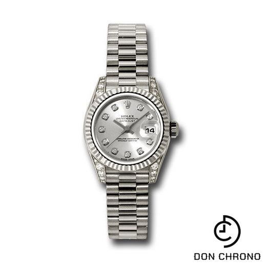 Rolex White Gold Lady-Datejust 26 Watch - Fluted Bezel - Silver Diamond Dial - President Bracelet - 179239 sdp