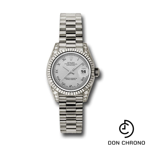 Rolex White Gold Lady-Datejust 26 Watch - Fluted Bezel - Silver Roman Dial - President Bracelet - 179239 srp