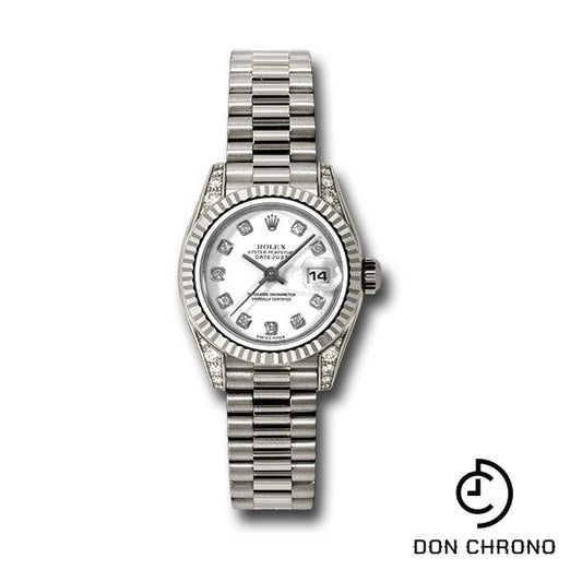 Rolex White Gold Lady-Datejust 26 Watch - Fluted Bezel - White Diamond Dial - President Bracelet - 179239 wdp