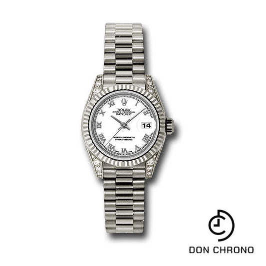 Rolex White Gold Lady-Datejust 26 Watch - Fluted Bezel - White Roman Dial - President Bracelet - 179239 wrp