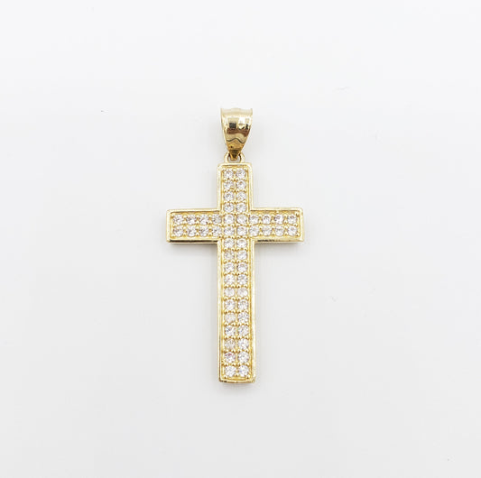 14K Gold- Flat Two Row Cross Pendant