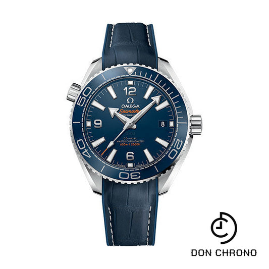 Omega Planet Ocean 600M Co-Axial Master Chronometer Watch - 39.5 mm Steel Case - Unidirectional Blue Cermaic Bezel - Black Dial - Blue Leather Strap - 215.33.40.20.03.001