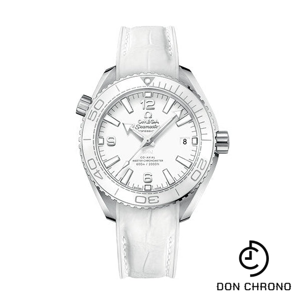 Omega Planet Ocean 600M Co-Axial Master Chronometer Watch - 39.5 mm Steel Case - Unidirectional White Cermaic Bezel - White Dial - White Leather Strap - 215.33.40.20.04.001