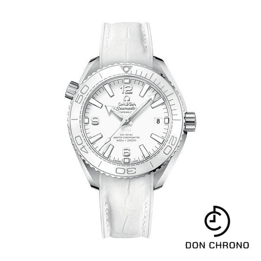 Omega Planet Ocean 600M Co-Axial Master Chronometer Watch - 39.5 mm Steel Case - Unidirectional White Cermaic Bezel - White Dial - White Leather Strap - 215.33.40.20.04.001