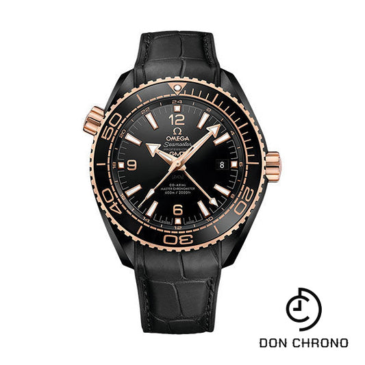 Omega Planet Ocean 600 M Omega Co-axial Master Chronometer GMT Deep Black Watch - 45.5 mm Black Ceramic Case - Sedna Gold Unidirectional Bezel - Black Dial - Black Water Resistant Leather Strap - 215.63.46.22.01.001