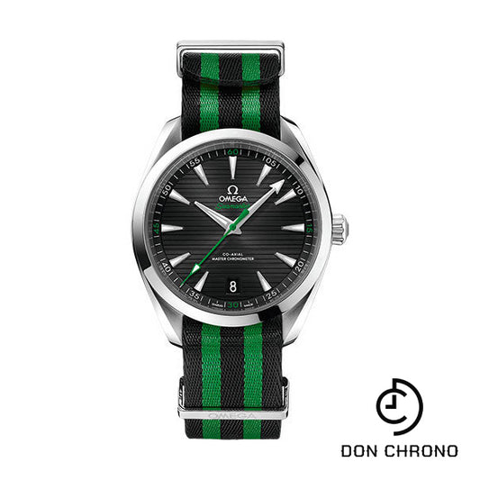 Omega Aqua Terra 150M Co-Axial Master Chronometer Golf Edition Watch - 41 mm Steel Case - Black Dial - Black And Green Striped Nato Strap - 220.12.41.21.01.002